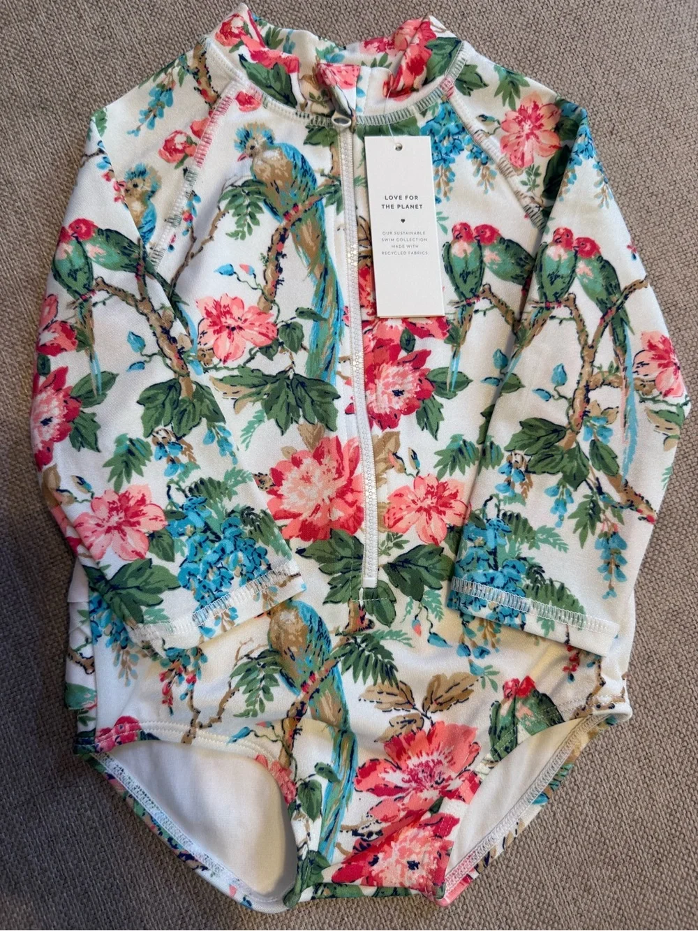 Janie and Jack Cream Floral Parrot Long-Sleeve One-Piece Swimsuit